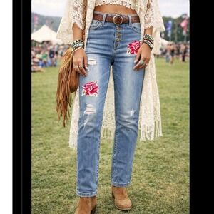 Black Daisy Jamie Relaxed Skinny Jeans Blue Rose Floral Embroidered Distressed 5